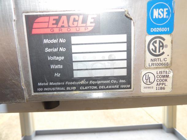 Eagle Group metal equipment label showing model, serial number spaces, voltage, watts, Hz, with NSF, CSA, UL certifications.