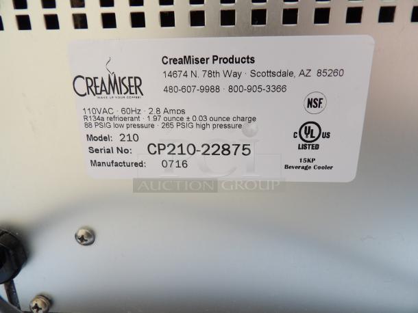 Creamiser beverage cooler label, model 210, serial CP210-22875, manufactured 0716. NSF certified, UL listed.