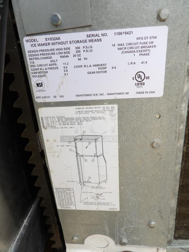 Manitowoc Ice Maker Head Model SY0324A, 115-volt single phase working when removed. - Image 4 of 5