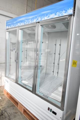 BRAND NEW SCRATCH AND DENT! 2024 Avantco 178GDC69HCW 78 1/4" White Customizable Swing Glass Door Merchandiser Refrigerator with LED Lighting. See Pictures for Glass Damage. 115 Volts, 1 Phase.