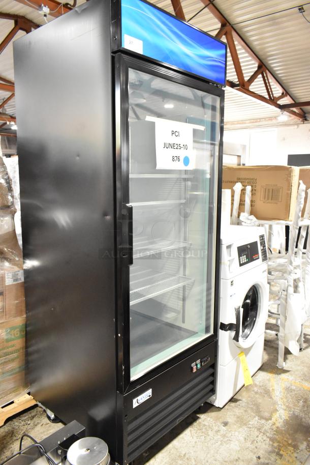 BRAND NEW SCRATCH AND DENT! 2024 Avantco 178GDC24FHCB 31" Black Customizable Swing Glass Door Merchandiser Freezer with LED Lighting on Commercial Casters. 115 Volts, 1 Phase. Tested and Working! - Image 1 of 8