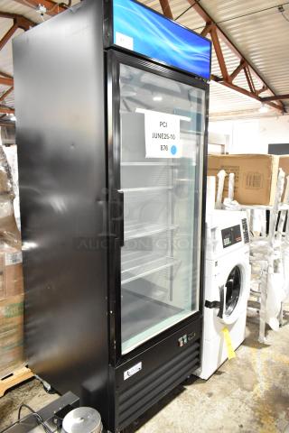 BRAND NEW SCRATCH AND DENT! 2024 Avantco 178GDC24FHCB 31" Black Customizable Swing Glass Door Merchandiser Freezer with LED Lighting on Commercial Casters. 115 Volts, 1 Phase.