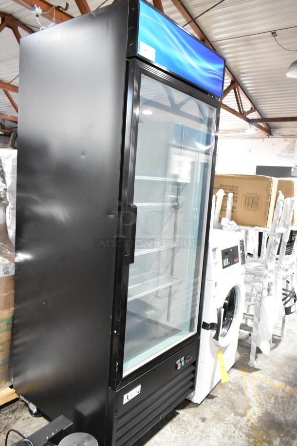 BRAND NEW SCRATCH AND DENT! 2024 Avantco 178GDC24FHCB 31" Black Customizable Swing Glass Door Merchandiser Freezer with LED Lighting on Commercial Casters. 115 Volts, 1 Phase. Tested and Working! - Image 3 of 8