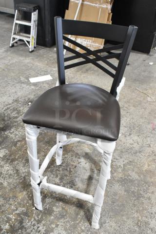 8 BRAND NEW SCRATCH AND DENT!  Lancaster Table & Seating 164BCROSSFR Black Metal Bar Height Cross Back Chair w/ Lancaster Table & Seating 164CUSHMTLDB 2 1/2" Dark Brown Vinyl Padded Seat for Metal Frame Seating. 8 Times Your Bid!