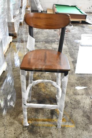 8 BRAND NEW SCRATCH AND DENT!  Lancaster Table & Seating Black Metal Bar Height Chair w/ Wooden Back Rest and Seat. 8 Times Your Bid!