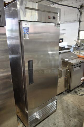 Dukers D28R Stainless Steel Commercial Single Door Reach In Cooler on Commercial Casters. 115 Volts, 1 Phase.