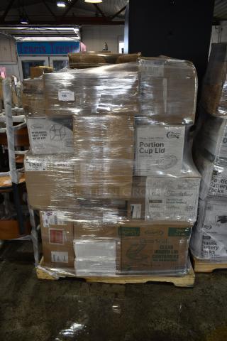 32 BRAND NEW SCRATCH AND DENT! Items Including 502404816CL Lavex 40-45 Gallon 16 Micron 40" x 48" High Density Janitorial Can Liner / Trash Bag - 250/Case, 150CLKNAP Lavex 7 1/2" x 3" x 9 1/2" Sanitary Napkin Receptacle Bags - 500/Case, 127PL2 Choice PET Plastic Lid for 1.5 to 2.5 oz. Souffle Cup / Portion Cup - 2,500/Case, 130WHFORKH Choice White Heavy Weight Polystyrene Plastic Fork - 1,000/Case, 958FSPC8CC 8OZ PAPER FOOD CONTAINERS, 808BAMSP345 Tablecraft Golf Tee Bamboo Pick 4 1/2" - 100/Pack, 795KFT44RNPE Choice 44 oz. Round Kraft PE-Lined Microwavable Take-Out Container 7 5/16" x 2 5/8" - 300/Case, KARAT PAPER BAGS, KARAT DELI CONTAINERS, 395RB12PF EcoChoice 12 oz. No PFAS Added Natural Plant Fiber Bowl - 1,000/Case, 612W45 Choice 10 3/4" x 14" Insulated Foil Sandwich Wrap Sheets - 2,000/Case, 43486669 CKF Clear .75 oz. Hook Top Clamshell Herb Pack - 500/Case, 795KFT44RNPE Choice 44 oz. Round Kraft PE-Lined Microwavable Take-Out Container 7 5/16" x 2 5/8" - 300/Case, 500CC32P Choice Clear PET Plastic Cold Cup - 32 oz. - 500/Case, 347TNYCB2 Visions Clear Plastic Mini Cube with Lid 2 1/4" - 192/Case, 612P509S Choice 9" Clear Round Plastic Dome Lid - 500/Case. 32 Times Your Bid!