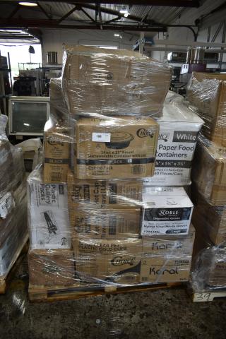 32 BRAND NEW SCRATCH AND DENT! Items Including Choice 44 oz. Round Kraft PE-Lined Microwavable Take-Out Container 7 5/16" x 2 5/8" - 300/Case, EcoChoice 9" x 9" x 3" Compostable No PFAS Added White Plant Fiber 1 Compartment Take-Out Box - 200/Case, Visions 6" White Plastic Plate with Rose Gold / Copper Lattice Design - 150/Case, KARAT COLORED TEA SPOONS, Choice 4 oz. Clear Plastic Souffle Cup / Portion Cup - 2,500/Case, KARAT HEAVY WEIGHT FORKS, Ecopax 13" x 4 1/2" 1-Compartment Microwaveable White Mineral-Filled Plastic Hinged Take-Out Hoagie Container - 150/Case, Choice White Hot Paper Cup Travel Lid for 10-24 oz. Standard Cups and 8 oz. Squat Cups - 1,000/Case, VANITY FAIR NAPKINS, KARAT HEAVY WEIGHT TEA SPOONS, Choice White 2-Ply Dinner Napkin 17" x 15" - 3,000/Case, Choice Clear PET Customizable Plastic Cold Cup - 16 oz. - 1,000/Case, Noble NexGen Powder-Free Disposable Black Hybrid 3 Mil Thick Gloves - Large - 1,000/Case, Choice 16 oz. Black 6 1/4" Round Microwavable Heavy Weight Container with Lid - 150/Case, Choice Clear PET Customizable Plastic Cold Cup - 12 oz. - 1,000/Case, Choice White Microwavable Folded Paper #4 Take-Out Container 7 3/4" x 5 1/2" x 3 1/2" - 160/Case, Choice Black Extra Heavy Weight Wrapped Polystyrene Plastic Cutlery Pack with Napkin and Salt and Pepper Packets - 500/Case, Choice White Microwavable Folded Paper #4 Take-Out Container 7 3/4" x 5 1/2" x 3 1/2" - 160/Case NB, Choice Black Extra Heavy Weight Wrapped Polystyrene Plastic Cutlery Pack with Napkin and Salt and Pepper Packets - 500/Case, #500 5 lb. Natural Eco-Kraft Customizable Paper Food Tray - 500/Case, D&W Fine Pack G40-1 10" 2-3 Layer Cake Display Container with Clear Dome Lid - 80/Case, Choice 16 oz. Black 6 1/4" Round Microwavable Heavy Weight Container with Lid - 150/Case, KARAT STRAWLESS SIPPER LIDS. 32 Times Your Bid!