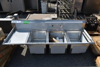 BRAND NEW SCRATCH AND DENT! Regency 600S3162018L Stainless Steel 3 Bay Sink w/ Left Side Drain Board. - Item #1190429