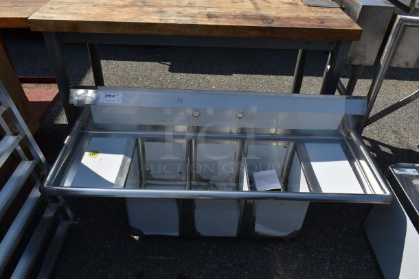 BRAND NEW SCRATCH AND DENT! Steelton 522CS31014LR 54" 18-Gauge Stainless Steel Three Compartment Commercial Sink with 2 Drainboards. No Legs. - Image 1 of 7