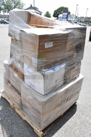 20 BRAND NEW SCRATCH AND DENT! Items Including Choice White Linen-Feel 1/8 Fold Dinner Napkin - 800/Case, Choice 9" x 9" x 3" Microwavable 1-Compartment Black / Clear Plastic Hinged Container - 100/Case, WHITE NEWSPRINT SANDWICH PAPER 1000/CS 12"X12", Choice Heavy Duty 12 oz. Microwavable Translucent Plastic Deli Container - 480/Case, Choice White Medium Weight Wrapped Polypropylene Plastic Cutlery Pack with Napkin and Salt / Pepper Packets - 500/Case, Visions 7" White Plastic Plate with Silver Bands - 150/Case. 20 Times Your Bid!