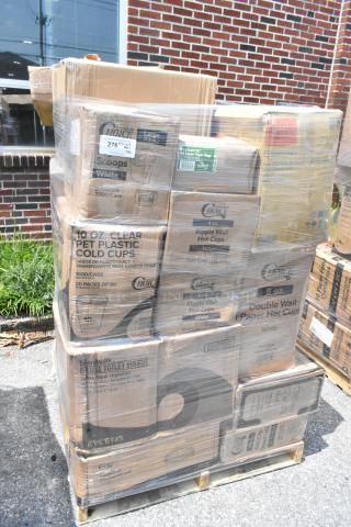 35 BRAND NEW SCRATCH AND DENT! Items Including Choice 8 oz. Tall White Hot Paper Cup Travel Lid - 1,000/Case, Choice 44-50 oz. Round PET Take-Out Lid - 300/Case, DILLY BUSTER BAGS 3000/CS, 1 case, Boardwalk Deluxe toilet paper, Choice Clear PET Plastic Cold Cup - 32 oz. - 500/Case, Choice 10 oz. Clear PET Plastic Cold Cup - 1,000/Case, VacPak-It 186CVB1218 12
