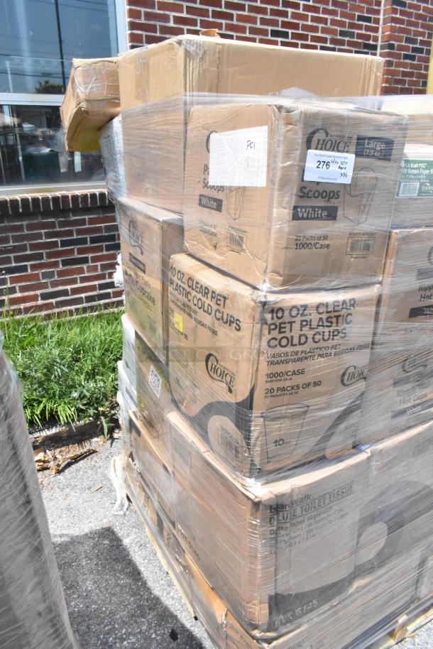 35 BRAND NEW SCRATCH AND DENT! Items Including Choice 8 oz. Tall White Hot Paper Cup Travel Lid - 1,000/Case, Choice 44-50 oz. Round PET Take-Out Lid - 300/Case, DILLY BUSTER BAGS 3000/CS, 1 case, Boardwalk Deluxe toilet paper, Choice Clear PET Plastic Cold Cup - 32 oz. - 500/Case, Choice 10 oz. Clear PET Plastic Cold Cup - 1,000/Case, VacPak-It 186CVB1218 12" x 18" Chamber Vacuum Packaging Pouches / Bags 3 Mil - 500/Case, Choice Medium Weight Black Polypropylene Plastic Spork - 1,000/Case, Noble NexGen Powder-Free Disposable Black Hybrid 3 Mil Thick Gloves - Medium - 1,000/Case, EcoChoice Heavy Weight Compostable 6 1/2" White CPLA Plastic Fork - 1,000/Case, Choice 4 oz. Double Wall Ripple White Paper Hot Cup - 500/Case, Noble Products Powder-Free Disposable Blue Vinyl Gloves for Foodservice - Extra Large - 1,000/Case, Visions 7" White Plastic Plate with Silver Bands - 150/Case, World Centric 24-48 oz. Clear Compostable PLA Lid - 200/Case, Ecopax 8" x 8" 1-Compartment Microwaveable White Mineral-Filled Plastic Hinged Take-Out Container - 150/Case, Choice 8 oz. Tall White Smooth Double Wall Paper Hot Cup - 500/Case, EcoChoice 8 oz. Tall White Compostable Paper Hot Cup - 1,000/Case, Genpak 16 oz. Clear Shallow Hinged Deli Container - 200/Case, World Centric 10" No PFAS Added Compostable Fiber Round Pizza Container Base Only - 200/Case, Ecopax 8" x 8" 1-Compartment Microwaveable White Mineral-Filled Plastic Hinged Take-Out Container - 150/Case, Choice 4-Compartment Clear OPS Plastic Jumbo Cupcake / Muffin Container - 300/Case, Choice Individually Wrapped Medium Weight Black Polypropylene Plastic Fork - 1,000/Case, Inline Plastics Safe-T-Fresh 20 oz. Tamper-Resistant, Tamper-Evident Rectangular Hinged Container with Flat Lid - 200/Case, Duro 6 lb. Natural Kraft Paper Bag - 500/Bundle, Choice 7.5 oz. Large White Paper Scoop / Tray - 1,000/Case. 35 Times Your Bid! - Image 2 of 5