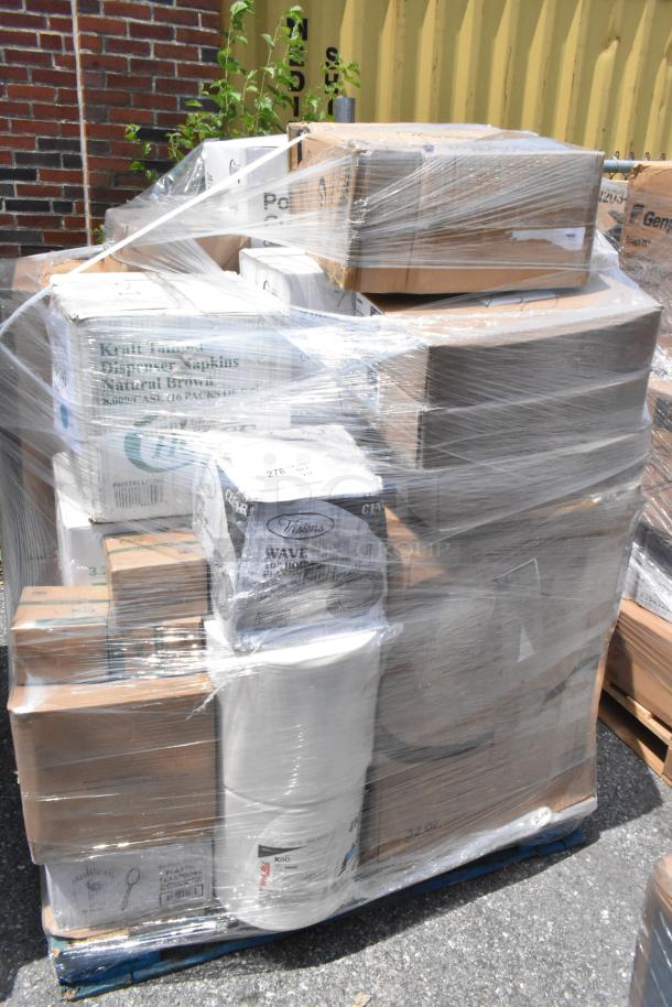 28 BRAND NEW SCRATCH AND DENT! Items Including Choice Clear Plastic Souffle Cup / Portion Cup - 2 oz. - 2,500/Case, Visions Wave 10" Clear Plastic Plate - 144/Case, Noble NexGen Powder-Free Disposable Black Hybrid 3 Mil Thick Gloves - Medium - 1,000/Case, Choice 44-50 oz. Round PET Take-Out Lid - 300/Case, Choice 3.5 oz. Translucent Thin Wall Plastic Cold Cup - 2,500/Case, Visions Florence 10" Square White Plastic Plate - 120/Case, Visions Wave 10" Clear Plastic Plate - 144/Case, Lavex Li'l Herc 45 Gallon 1 Mil 40" x 46" Low Density Medium-Duty Black Can Liner / Trash Bag - 100/Case, EcoChoice 5" x 5" x 3" No PFAS Added Natural Plant Fiber Take-Out Container - 500/Case, D&W Fine Pack 19120 13" Foil Pizza Pan - 250/Case, WYPALL X80 PAPER TOWELS, Choice 3.25 oz. Clear Plastic Souffle Cup / Portion Cup - 2,500/Case, Choice Kraft Microwavable Folded Paper #1 Take-Out Container 4 3/8" x 3 1/2" x 2 1/2" - 450/Case, Choice 24 oz. Rectangular Kraft PE-Lined Microwavable Take-Out Container 6 5/8" x 4 5/8" x 2 3/16" - 300/Case, Choice Heavy Duty 12 oz. Microwavable Translucent Plastic Deli Container - 480/Case, Duro 8 lb. Natural Kraft Paper Bag - 500/Bundle, Choice Clear Flat Lid with Straw Slot - 9, 12, 16, 20, and 24 oz. - 1,000/Case, EcoChoice 2 1/2" x 2 1/2" No PFAS Added Natural Plant Fiber Square Appetizer Plate - 200/Case. 28 Times Your Bid! - Image 1 of 5
