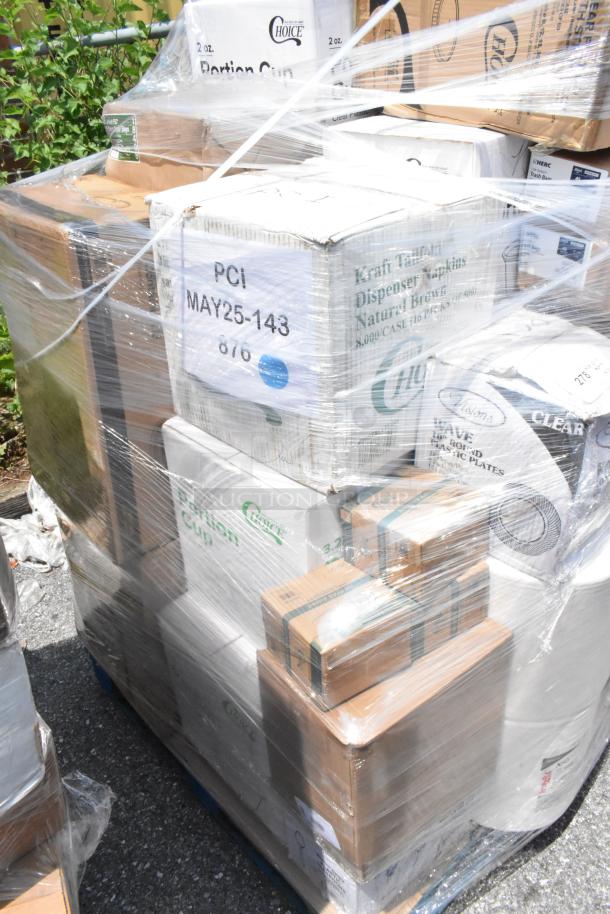 28 BRAND NEW SCRATCH AND DENT! Items Including Choice Clear Plastic Souffle Cup / Portion Cup - 2 oz. - 2,500/Case, Visions Wave 10" Clear Plastic Plate - 144/Case, Noble NexGen Powder-Free Disposable Black Hybrid 3 Mil Thick Gloves - Medium - 1,000/Case, Choice 44-50 oz. Round PET Take-Out Lid - 300/Case, Choice 3.5 oz. Translucent Thin Wall Plastic Cold Cup - 2,500/Case, Visions Florence 10" Square White Plastic Plate - 120/Case, Visions Wave 10" Clear Plastic Plate - 144/Case, Lavex Li'l Herc 45 Gallon 1 Mil 40" x 46" Low Density Medium-Duty Black Can Liner / Trash Bag - 100/Case, EcoChoice 5" x 5" x 3" No PFAS Added Natural Plant Fiber Take-Out Container - 500/Case, D&W Fine Pack 19120 13" Foil Pizza Pan - 250/Case, WYPALL X80 PAPER TOWELS, Choice 3.25 oz. Clear Plastic Souffle Cup / Portion Cup - 2,500/Case, Choice Kraft Microwavable Folded Paper #1 Take-Out Container 4 3/8" x 3 1/2" x 2 1/2" - 450/Case, Choice 24 oz. Rectangular Kraft PE-Lined Microwavable Take-Out Container 6 5/8" x 4 5/8" x 2 3/16" - 300/Case, Choice Heavy Duty 12 oz. Microwavable Translucent Plastic Deli Container - 480/Case, Duro 8 lb. Natural Kraft Paper Bag - 500/Bundle, Choice Clear Flat Lid with Straw Slot - 9, 12, 16, 20, and 24 oz. - 1,000/Case, EcoChoice 2 1/2" x 2 1/2" No PFAS Added Natural Plant Fiber Square Appetizer Plate - 200/Case. 28 Times Your Bid! - Image 2 of 5