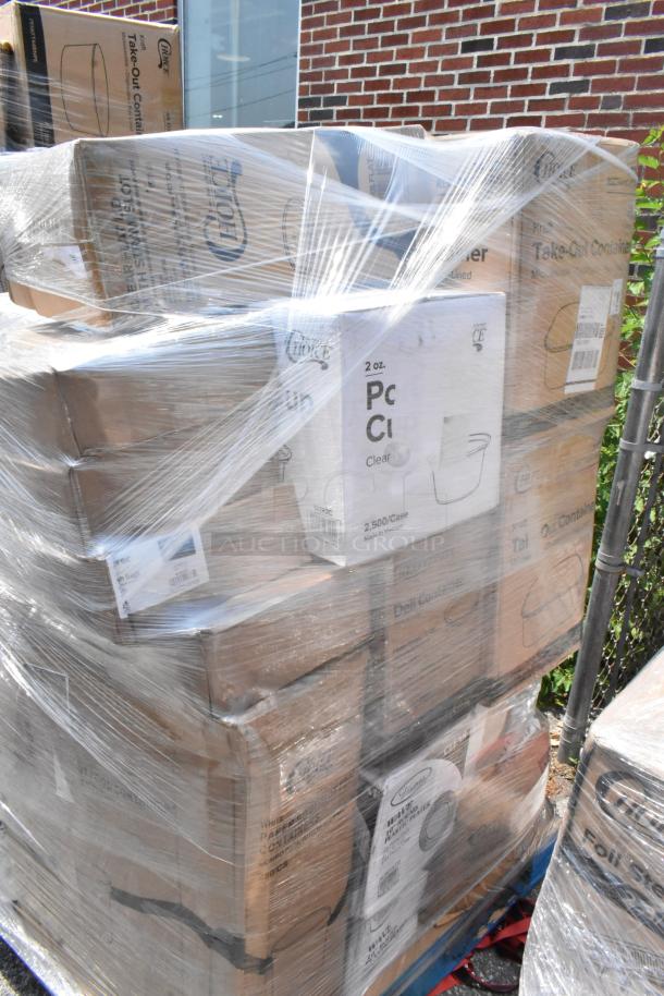 28 BRAND NEW SCRATCH AND DENT! Items Including Choice Clear Plastic Souffle Cup / Portion Cup - 2 oz. - 2,500/Case, Visions Wave 10" Clear Plastic Plate - 144/Case, Noble NexGen Powder-Free Disposable Black Hybrid 3 Mil Thick Gloves - Medium - 1,000/Case, Choice 44-50 oz. Round PET Take-Out Lid - 300/Case, Choice 3.5 oz. Translucent Thin Wall Plastic Cold Cup - 2,500/Case, Visions Florence 10" Square White Plastic Plate - 120/Case, Visions Wave 10" Clear Plastic Plate - 144/Case, Lavex Li'l Herc 45 Gallon 1 Mil 40" x 46" Low Density Medium-Duty Black Can Liner / Trash Bag - 100/Case, EcoChoice 5" x 5" x 3" No PFAS Added Natural Plant Fiber Take-Out Container - 500/Case, D&W Fine Pack 19120 13" Foil Pizza Pan - 250/Case, WYPALL X80 PAPER TOWELS, Choice 3.25 oz. Clear Plastic Souffle Cup / Portion Cup - 2,500/Case, Choice Kraft Microwavable Folded Paper #1 Take-Out Container 4 3/8" x 3 1/2" x 2 1/2" - 450/Case, Choice 24 oz. Rectangular Kraft PE-Lined Microwavable Take-Out Container 6 5/8" x 4 5/8" x 2 3/16" - 300/Case, Choice Heavy Duty 12 oz. Microwavable Translucent Plastic Deli Container - 480/Case, Duro 8 lb. Natural Kraft Paper Bag - 500/Bundle, Choice Clear Flat Lid with Straw Slot - 9, 12, 16, 20, and 24 oz. - 1,000/Case, EcoChoice 2 1/2" x 2 1/2" No PFAS Added Natural Plant Fiber Square Appetizer Plate - 200/Case. 28 Times Your Bid! - Image 3 of 5