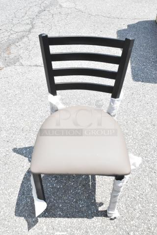 14 BRAND NEW SCRATCH AND DENT! Lancaster Table & Seating Black Metal Dining Height Ladder Back Chair w/ Tan Cushion. 14 Times Your Bid!