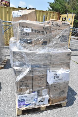 22 BRAND NEW SCRATCH AND DENT! Items Including Choice 8" x 8" x 3" Microwaveable 1-Compartment Black / Clear Plastic Hinged Container - 100/Case, Carnival King 6" x 3/4" x 6 1/2" Large Foil Hamburger / Sandwich Bag - 1,000/Case, VacPak-It 186CVB2510 2 1/2" x 10" Chamber Vacuum Packaging Pouches / Bags 3 Mil - 2,000/Case, Choice Black Extra Heavy Weight Wrapped Polystyrene Plastic Cutlery Pack with Napkin - 500/Case, C FOLD PAPER TOWELS 2500, Choice 32 oz. Clear Plastic Salad Bowl with Lid - 150/Case, Choice 9, 12, 16, 20, and 24 oz. Clear Strawless / Sip Lid - 1,000/Case, CLEAR PLASTIC SIP THROUGHT LIDS 1000/CS, Dart C35UT1 StayLock® 9" x 5 3/8" x 3 1/2" Clear Hinged Plastic 9" Medium Oblong Container - 250/Case, Choice 3.5 oz. Translucent Thin Wall Plastic Cold Cup - 2,500/Case, ENMOTION PAPER TOWELS, Baker's Lane 12" x 16" Half Size Silicone Coated Parchment Paper Bun / Sheet Pan Liner Sheet - 1,000/Case, CKF Clear 2 oz. Hook Top Clamshell Herb Pack - 600/Case, 10.25" GIANT, BLACK, PAPER WRAPPED STRAWS, Choice 9, 12, 16, 20, and 24 oz. Clear Strawless / Sip Lid - 1,000/Case, EcoChoice 9" x 9" x 3" Compostable No PFAS Added White Plant Fiber 1 Compartment Take-Out Box - 200/Case, Ateco 4635 12" Soft Heavy Duty Clear Disposable Pastry Bag - 200/Box, KARAT BLACK GIANT STRAW, EcoChoice 9" x 6" x 3" No PFAS Added Plant Fiber Take-Out Container - 200/Case,  Choice 3.5 oz. Translucent Thin Wall Plastic Cold Cup - 2,500/Case, Choice 9" x 9" x 3" Microwavable 1-Compartment Black / Clear Plastic Hinged Container - 100/Case, CKF Clear 2 oz. Hook Top Clamshell Herb Pack - 600/Case, Choice 38 oz. White 8 3/4" x 6 1/4" x 2 7/16" Rectangular Microwavable Heavy Weight Container with Lid - 150/Case, SRITRANG GLOVES L, EcoChoice 9" x 9" x 3" Compostable No PFAS Added White Plant Fiber 1 Compartment Take-Out Box - 200/Case, CKF Clear 2 oz. Hook Top Clamshell Herb Pack - 600/Case. 22 Times Your Bid!