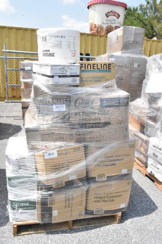 27 BRAND NEW SCRATCH AND DENT! Items Including 347SLWG4 Visions 4 oz. Heavy Weight Clear Plastic Stemless Wine Sampler Glass - 64/Case, 795PTOKFT1 Choice Kraft Microwavable Folded Paper #1 Take-Out Container 4 3/8" x 3 1/2" x 2 1/2" - 450/Case, 127CTE64R Choice TamperSafe 64 oz. Tamper-Resistant, Tamper-Evident Clear PET Plastic Rectangular Container with Hinged Flat Lid - 200/Case, 433HWBR12BAGC Choice Heavy Duty 12 lb. Heavy-Duty Natural Kraft Paper Bag - 400/Case, 394365L Noble Products Powder-Free Disposable Clear Vinyl Gloves for Foodservice - Large - 1,000/Case, Plastic Bags, 127CTE6R Choice TamperSafe 6 oz. Tamper-Resistant, Tamper-Evident Clear PET Plastic Rectangular Container with Hinged Flat Lid - 400/Case, 760SOUP12PAP Choice 12 oz. Double Poly-Coated Paper Soup / Hot Food Cup with Black Vented Paper Lid - 250/Case, 433HWB8BAGC Choice Heavy Duty Bags. 27 Times Your Bid!