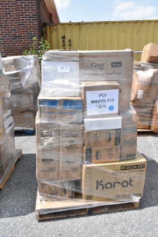 32 BRAND NEW SCRATCH AND DENT! Items Including Visions Florence 8" Square Clear Plastic Plate - 120/Case, Choice 1/6 Standard Size White "Thank You" Medium-Duty Plastic T-Shirt Bag - 1,000/Case, Choice White Heavy Weight Polystyrene Plastic Teaspoon - 1,000/Case, EcoChoice 9" No PFAS Added Natural Plant Fiber Plate - 500/Case, Choice 28 oz. Black Rectangular Microwavable Heavy Weight Container with Lid 8 3/4" x 6 1/4" x 2 1/4" - 150/Case, Noble Products Powder-Free Disposable Blue Vinyl Gloves for Foodservice - Extra Large - 1,000/Case, Choice Medium Weight Black Wrapped Polypropylene Plastic Cutlery Set with Napkin and Salt and Pepper Packets - 250/Case, Choice 6" x 6" x 3" Clear Hinged PET Plastic Clamshell Container - 500/Case, T-Shirt Carry-Out Bags, Choice Heavy Duty Microwavable Translucent Plastic Deli Container Lid - 480/Case, Choice 16 oz. White Double Poly-Coated Paper Food Cup - 500/Case, KARAT/ 1 CS OF DELI CONTAINERS, 4 GAL CAN LINERS, Choice 16 oz. Black 6 1/4" Round Microwavable Heavy Weight Container with Lid - 150/Case, Lavex 8" Natural Kraft Hardwound Paper Towel, 800 Feet / Roll - 6/Case, Choice 1/6 Standard Size White "Thank You" Medium-Duty Plastic T-Shirt Bag - 1,000/Case, Visions 10" White Plastic Plate with Silver Bands - 120/Case, Choice 8 oz. Customizable Microwavable Translucent Round Deli Container - 500/Case, Choice 16 oz. Translucent Tall Thin Wall Plastic Cold Cup - 1,000/Case, Choice Clear Plastic Souffle Cup / Portion Cup - 2 oz. - 2,500/Case, Choice 16 oz. White Double Poly-Coated Paper Food Cup - 500/Case, Visions 10" White Plastic Plate with Silver Bands - 120/Case, T-SHIRT CARRY-OUT BAGS - BLACK. 32 Times Your Bid!