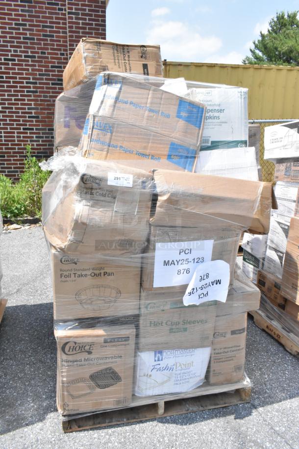 36 BRAND NEW SCRATCH AND DENT! Items Including Choice 32 oz. Straight Wall Clear PET Plastic Cold Cup - 300/Case, Lavex Li'l Herc 33 Gallon 1.2 Mil 33" x 39" Low Density Medium-Duty Black Trash Bag / Can Liner - 100/Case, EcoChoice 10" No PFAS Added Natural Plant Fiber Plate - 500/Case, 119071 CAN LINERS, Choice 8" x 8" 1-Compartment Microwaveable Black Mineral-Filled Plastic Hinged Take-Out Container - 150/Case, Choice 16 oz. Translucent Tall Thin Wall Plastic Cold Cup - 1,000/Case, Choice 18'' x 1000' 35/5 lb. White Economy Freezer Paper Roll, Choice Heavy Duty Microwavable Translucent Plastic Deli Container Lid - 480/Case, Lavex 8" Natural Kraft Hardwound Paper Towel, 800 Feet / Roll - 6/Case, EcoChoice 9" x 7" Molded Fiber / Pulp Rectangular Tray - 250/Case, Lavex 8" White Hardwound Paper Towel, 800 Feet / Roll - 6/Case, Choice 8" Low Dome Cake Display Container with Clear Dome Lid - 100/Case, Visions 12 oz. White Bowl with Silver Lattice Design - 150/Case, OneUp by Choice Kraft Premium 2-Ply Wide Interfold 6 3/8" x 8 13/16" Dispenser Napkin - 6,000/Case, Choice 8 oz. Tall Black Hot Paper Cup Travel Lid - 100/Pack, Choice 8" x 8" 3-Compartment Microwaveable White Mineral-Filled Plastic Hinged Take-Out Container - 150/Case, Visions 10" White Plastic Plate with Silver Bands - 120/Case, Choice 42 oz. Black 7" Round Microwavable Heavy Weight Bowl with Lid - 150/Case, Karat 12-24oz Plastic Dome Lids, Choice 28 oz. Black Rectangular Microwavable Heavy Weight Container with Lid 8 3/4" x 6 1/4" x 2 1/4" - 150/Case, Scott® Multi-Fold Paper Towel - 4,000/Case, Lavex 15 Gallon 8 Micron 24" x 33" High Density Janitorial Can Liner / Trash Bag - 1,000/Case. 36 Times Your Bid! - Image 1 of 4