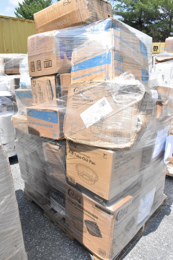 36 BRAND NEW SCRATCH AND DENT! Items Including Choice 32 oz. Straight Wall Clear PET Plastic Cold Cup - 300/Case, Lavex Li'l Herc 33 Gallon 1.2 Mil 33" x 39" Low Density Medium-Duty Black Trash Bag / Can Liner - 100/Case, EcoChoice 10" No PFAS Added Natural Plant Fiber Plate - 500/Case, 119071 CAN LINERS, Choice 8" x 8" 1-Compartment Microwaveable Black Mineral-Filled Plastic Hinged Take-Out Container - 150/Case, Choice 16 oz. Translucent Tall Thin Wall Plastic Cold Cup - 1,000/Case, Choice 18'' x 1000' 35/5 lb. White Economy Freezer Paper Roll, Choice Heavy Duty Microwavable Translucent Plastic Deli Container Lid - 480/Case, Lavex 8" Natural Kraft Hardwound Paper Towel, 800 Feet / Roll - 6/Case, EcoChoice 9" x 7" Molded Fiber / Pulp Rectangular Tray - 250/Case, Lavex 8" White Hardwound Paper Towel, 800 Feet / Roll - 6/Case, Choice 8" Low Dome Cake Display Container with Clear Dome Lid - 100/Case, Visions 12 oz. White Bowl with Silver Lattice Design - 150/Case, OneUp by Choice Kraft Premium 2-Ply Wide Interfold 6 3/8" x 8 13/16" Dispenser Napkin - 6,000/Case, Choice 8 oz. Tall Black Hot Paper Cup Travel Lid - 100/Pack, Choice 8" x 8" 3-Compartment Microwaveable White Mineral-Filled Plastic Hinged Take-Out Container - 150/Case, Visions 10" White Plastic Plate with Silver Bands - 120/Case, Choice 42 oz. Black 7" Round Microwavable Heavy Weight Bowl with Lid - 150/Case, Karat 12-24oz Plastic Dome Lids, Choice 28 oz. Black Rectangular Microwavable Heavy Weight Container with Lid 8 3/4" x 6 1/4" x 2 1/4" - 150/Case, Scott® Multi-Fold Paper Towel - 4,000/Case, Lavex 15 Gallon 8 Micron 24" x 33" High Density Janitorial Can Liner / Trash Bag - 1,000/Case. 36 Times Your Bid! - Image 3 of 4