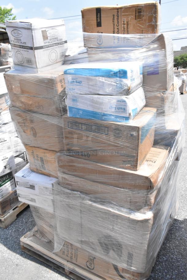36 BRAND NEW SCRATCH AND DENT! Items Including Choice 32 oz. Straight Wall Clear PET Plastic Cold Cup - 300/Case, Lavex Li'l Herc 33 Gallon 1.2 Mil 33" x 39" Low Density Medium-Duty Black Trash Bag / Can Liner - 100/Case, EcoChoice 10" No PFAS Added Natural Plant Fiber Plate - 500/Case, 119071 CAN LINERS, Choice 8" x 8" 1-Compartment Microwaveable Black Mineral-Filled Plastic Hinged Take-Out Container - 150/Case, Choice 16 oz. Translucent Tall Thin Wall Plastic Cold Cup - 1,000/Case, Choice 18'' x 1000' 35/5 lb. White Economy Freezer Paper Roll, Choice Heavy Duty Microwavable Translucent Plastic Deli Container Lid - 480/Case, Lavex 8" Natural Kraft Hardwound Paper Towel, 800 Feet / Roll - 6/Case, EcoChoice 9" x 7" Molded Fiber / Pulp Rectangular Tray - 250/Case, Lavex 8" White Hardwound Paper Towel, 800 Feet / Roll - 6/Case, Choice 8" Low Dome Cake Display Container with Clear Dome Lid - 100/Case, Visions 12 oz. White Bowl with Silver Lattice Design - 150/Case, OneUp by Choice Kraft Premium 2-Ply Wide Interfold 6 3/8" x 8 13/16" Dispenser Napkin - 6,000/Case, Choice 8 oz. Tall Black Hot Paper Cup Travel Lid - 100/Pack, Choice 8" x 8" 3-Compartment Microwaveable White Mineral-Filled Plastic Hinged Take-Out Container - 150/Case, Visions 10" White Plastic Plate with Silver Bands - 120/Case, Choice 42 oz. Black 7" Round Microwavable Heavy Weight Bowl with Lid - 150/Case, Karat 12-24oz Plastic Dome Lids, Choice 28 oz. Black Rectangular Microwavable Heavy Weight Container with Lid 8 3/4" x 6 1/4" x 2 1/4" - 150/Case, Scott® Multi-Fold Paper Towel - 4,000/Case, Lavex 15 Gallon 8 Micron 24" x 33" High Density Janitorial Can Liner / Trash Bag - 1,000/Case. 36 Times Your Bid! - Image 4 of 4
