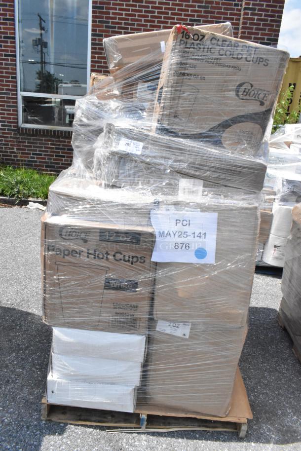 30 BRAND NEW SCRATCH AND DENT! Items Including  Choice 8" x 8" x 3 3/8" Clear Hinged PET Plastic Clamshell Container - 200/Case, Choice Clear Plastic Souffle Cup / Portion Cup - 2 oz. - 2,500/Case, Choice 9" x 6" 1-Compartment Microwaveable Black Mineral-Filled Plastic Hinged Take-Out Container - 150/Case, Choice 9, 12, 16, 20, and 24 oz. Clear Sip-Through Lid with Extra-Wide Opening - 1,000/Case, Choice 10 oz. White Poly Paper Hot Cup - 1,000/Case, Choice 1/6 Standard Size White "Thank You" Script Heavy-Duty Plastic T-Shirt Bag - 600/Case, CKF Clear 2 oz. Hook Top Clamshell Herb Pack - 600/Case, Choice 8 oz. Double Poly-Coated Paper Soup / Hot Food Cup with Vented Plastic Lid - 250/Case, CKF Clear 2 oz. Hook Top Clamshell Herb Pack - 600/Case, Pactive Placesetter Satin 12oz bowls , Choice 12 oz. White Poly Paper Hot Cup - 1,000/Case, Choice 12 oz. Clear Plastic Dessert Cup - 1,000/Case, Lavex Li'l Herc 45 Gallon 1 Mil 40" x 46" Low Density Medium-Duty Black Can Liner / Trash Bag - 100/Case, Choice 3 Pack Kids' Restaurant Crayons in Cello Wrap - 1,000/Case, Lavex Li'l Herc 56 Gallon 1.5 Mil 43" x 47" Low Density Medium-Duty Black Can Liner / Trash Bag - 100/Case, Choice 10" x 10" x 2" Kraft Customizable Corrugated Plain Pizza Box - 50/Case, Choice Clear PET Customizable Plastic Cold Cup - 16 oz. - 1,000/Case. 30 Times Your Bid! - Image 1 of 4
