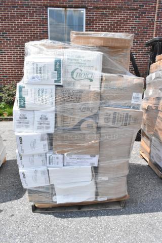 38 BRAND NEW SCRATCH AND DENT! Items Including Choice Medium Weight White Polypropylene Plastic Teaspoon - 1,000/Case, Choice 7" Round Heavy Weight Foil Take-Out Pan - 500/Case, EcoChoice 12 oz. Smooth Double Wall Kraft Compostable Paper Hot Cup - 500/Case, Lavex Li'l Herc 55-60 Gallon 1.2 Mil 38" x 58" Low Density Medium-Duty Black Trash Bag / Can Liner - 100/Case, Choice 5" x 4" x 18" 0.75 Mil Standard-Duty Plastic Food Bag - 1,000/Box, Enjay B-FB12 12" x 12" x 12" Flexbox White Adjustable Cake / Bakery Box - 25/Case, Lavex 33 Gallon 13 Micron 33" x 40" High Density Janitorial Can Liner / Trash Bag - 500/Case, Choice Clear PET Customizable Plastic Cold Cup - 12 oz. - 1,000/Case, Choice 9" x 9" x 3" Microwavable 1-Compartment Black / Clear Plastic Hinged Container - 100/Case, Choice Kraft Natural Tall-Fold 6" x 13" Dispenser Napkin - 8,000/Case, Choice 4 oz. White Poly Paper Hot Cup - 1,000/Case, Noble Products Powder-Free Disposable Blue Exam Grade Nitrile 4 Mil Thick Textured Gloves - Large - 1,000/Case, Lavex Natural Kraft Hardwound Paper Towel, 350 Feet / Roll - 12/Case, Choice 16 oz. Black 6 1/4" Round Microwavable Heavy Weight Container with Lid - 150/Case, Visions 10 1/2" Black Disposable Plastic Tongs - 36/Case, Choice Full Size Foil Steam Table Pan Medium 2 3/16" Depth - 50/Case, Choice Clear Flat Lid with Straw Slot - 9, 12, 16, 20, and 24 oz. - 1,000/Case, Lavex Li'l Herc 55-60 Gallon 1.2 Mil 38" x 58" Low Density Medium-Duty Black Trash Bag / Can Liner - 100/Case, Lavex Li'l Herc 45 Gallon 1 Mil 40" x 46" Low Density Medium-Duty Black Can Liner / Trash Bag - 100/Case, Choice 16 oz. Pink Paper Frozen Yogurt / Soup / Food Cup - 1,000/Case, Choice 18" x 24" 40 lb. Premium White True Butcher Paper Sheets - 1,000/Pack, Visions 7" Flared Heavy Weight Silver Plastic Fork - 600/Case, Choice 44-50 oz. Round PET Take-Out Lid - 300/Case, Choice 18" x 24" 40 lb. Premium White True Butcher Paper Sheets - 1,000/Pack, Choice Clear PET Customizable Plastic Cold Cup - 12 oz. - 1,000/Case, Choice Assorted Colors Heavy Weight Polypropylene Plastic Frozen Yogurt Spoon - 1,000/Case, Southern Champion 11 7/16" x 2 3/8" x 2 1/4" White Paper Clamshell Footlong Hot Dog Container - 400/Case, OneUp by Choice White 2-Ply Wide Interfold 6 1/2" x 8 1/2" Dispenser Napkin - 6,000/Case, Choice 12 oz. Black 6" x 4 3/4" x 2 1/16" Rectangular Microwavable Heavy Weight Container with Lid - 150/Case, Choice 15" x 16" White Linen-Feel Flat-Packed Dinner Napkin - 500/Case. 38 Times Your Bid!