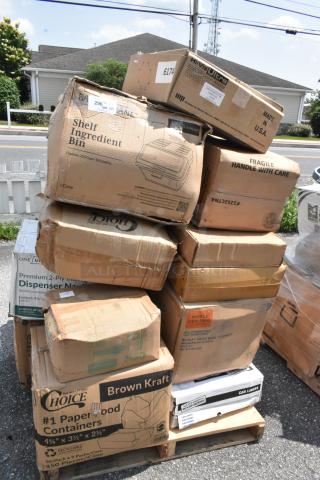 24 BRAND NEW SCRATCH AND DENT! Items Including 500CC24 Choice Clear PET Customizable Plastic Cold Cup - 24 oz. - 600/Case, 5001RT800N Lavex 8" Natural Kraft Hardwound Paper Towel, 800 Feet / Roll - 6/Case, 760PCC03W Choice 3 oz. White Unlined Paper Cold Cup - 5,000/Case, 966UPWIDEPRK OneUp by Choice Kraft Premium 2-Ply Wide Interfold 6 3/8" x 8 13/16" Dispenser Napkin - 6,000/Case, 795PTOKFT1 Choice Kraft Microwavable Folded Paper #1 Take-Out Container 4 3/8" x 3 1/2" x 2 1/2" - 450/Case. 24 Times Your Bid!