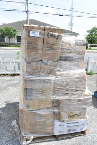 32 BRAND NEW SCRATCH AND DENT! Items Including Choice 12 oz. White Poly Paper Hot Cup - 1,000/Case, Choice 12" x 12" Newspaper Print Deli Sandwich Wrap Paper - 1,000/Case, Choice 6" x 4 5/8" x 2 3/8" Kraft Folded Paper #8 Take-Out Container with Window - 240/Case, 21" x 4" x 38" .6 Mil Clear Polyethylene Garment Bag on a Roll - 510/Roll, Choice 16 oz. Black 6 1/4" Round Microwavable Heavy Weight Container with Lid - 150/Case, Solo 626NSL Prima PET Plastic Cold Cup Strawless Lid - 1,000/Case, Choice 12 oz. White Double Poly-Coated Paper Food Cup with Vented Paper Lid - 250/Case, Choice 16 oz. Black 6 1/4" Round Microwavable Heavy Weight Container with Lid - 150/Case, 3 CS'S/ OF T SHIRT CARRY OUT BAGS, Choice 12 oz. White Double Poly-Coated Paper Food Cup with Vented Paper Lid - 250/Case, Choice 9" x 6" 1-Compartment Microwaveable Black Mineral-Filled Plastic Hinged Take-Out Container - 150/Case. 32 Times Your Bid!