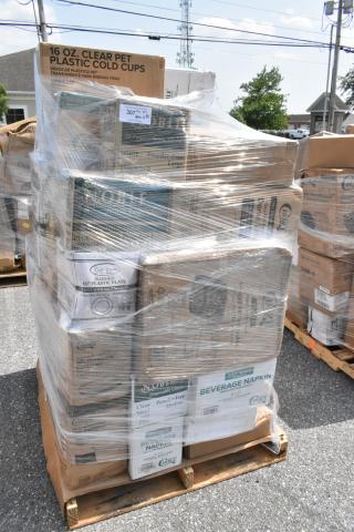 38 BRAND NEW SCRATCH AND DENT! Items Including Noble X Large Gloves, CHoice #4 Paper Food Containers, Visions 10” Plastic Plates, 4 Boxes of Beverage Napkins. 38 Times Your Bid!