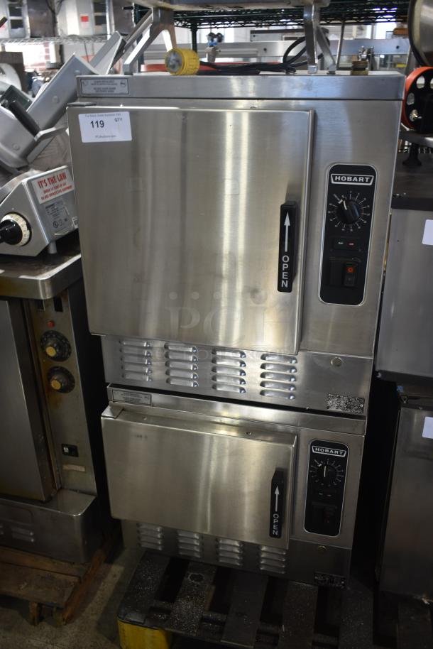 Hobart industrial oven stack with control dials, handles marked "Open." Auction tag reads "119." Stainless steel finish.