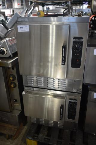 Hobart industrial oven stack with control dials, handles marked "Open." Auction tag reads "119." Stainless steel finish.