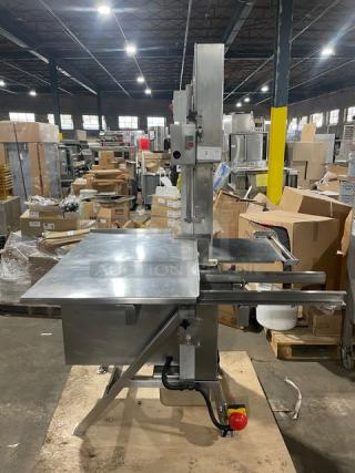 Marel Commercial Stainless Steel Electric Powered Vertical Band Meat Saw! With Portion Control Slide Top Table! 200V! On Legs! - Item #1190483