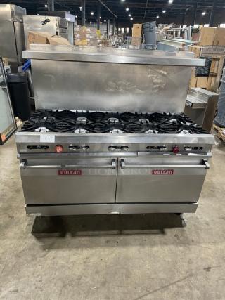Vulcan Commercial Stainless Steel Natural Gas Powered 10 Burner Range/Double Oven Combo! With Back Splash & Overhead Salamander Shelf! With Wire Oven Racks! On Casters! - Item #1190486