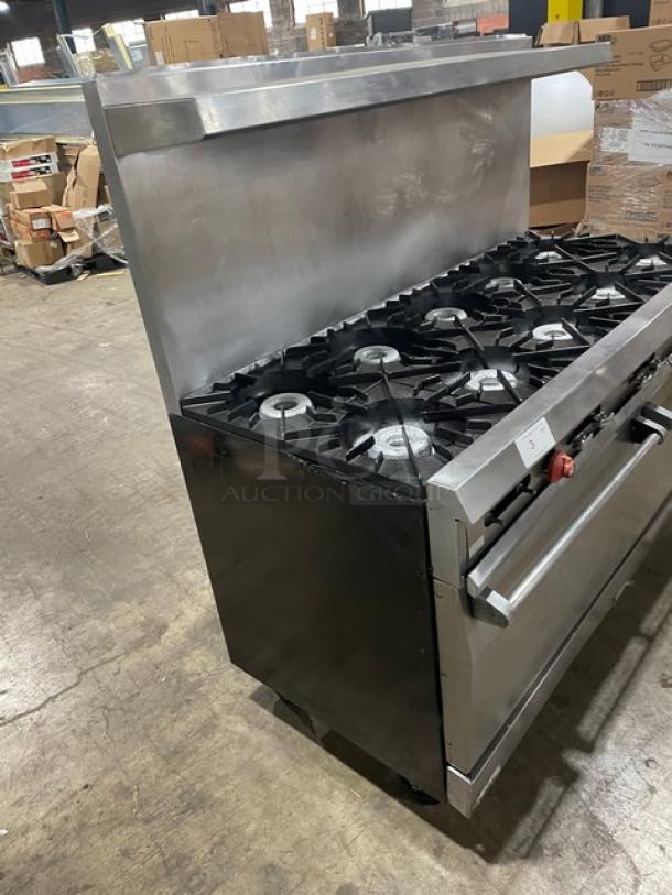 Vulcan Commercial Stainless Steel Natural Gas Powered 10 Burner Range/Double Oven Combo! With Back Splash & Overhead Salamander Shelf! With Wire Oven Racks! On Casters! - Image 2 of 11