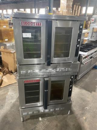 Blodgett Commercial Stainless Steel Natural Gas Powered Double Stacked Convection Oven! With Solid State Thermostat Control! With Wired Oven Racks! SN: 021601RA025Z! On Legs! WORKING WHEN REMOVED! 2X Your Bid Makes One Unit! - Item #1190489