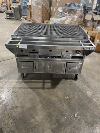 Jade Range Commercial Stainless Steel Natural Gas/Charcoal Powered Chitwood Smoker/Char Broiler Grill! With Pan Slide! With Enclosed Storage Cabinet Base! On Casters! WORKING WHEN REMOVED!