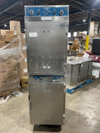 Alto-Shaam Halo Heat Series Commercial Stainless Steel Electric Powered Double Stacked Cook & Hold Oven! With Upper & Lower Controls! With Wired Oven Racks! On Casters! 2X Your Bid Makes One Unit! - Item #1190511