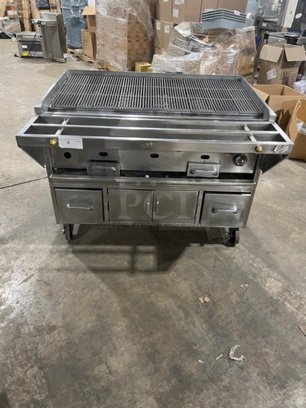 Jade Range Commercial Stainless Steel Natural Gas/Charcoal Powered Chitwood Smoker/Char Broiler Grill! With Pan Slide! With Enclosed Storage Cabinet Base! On Casters! WORKING WHEN REMOVED! - Image 1 of 10