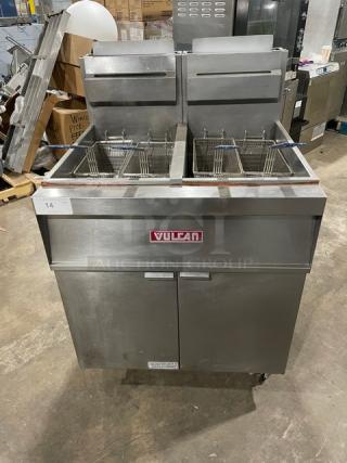 Vulcan Commercial Stainless Steel Natural Gas Powered Double Bay Deep Fat Fryer! With Back Splash & Basket Hangers! With Frying Baskets! Model: 2GR45MF SN: 48-1650173! On Casters!