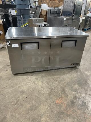 True Commercial Stainless Steel 2 Door Low Profile Undercounter Worktop Refrigerator! With Wired Racks! Model: TUC-60-LP SN: 1-4684151! 115V 1 Phase! On Casters!
