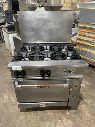 Vulcan Commercial Stainless Steel Natural Gas Powered 6 Burner Range/Oven Combo! With Back Splash! With Wired Oven Rack! Model: 36S-Y1A SN: 650085417! On Casters!