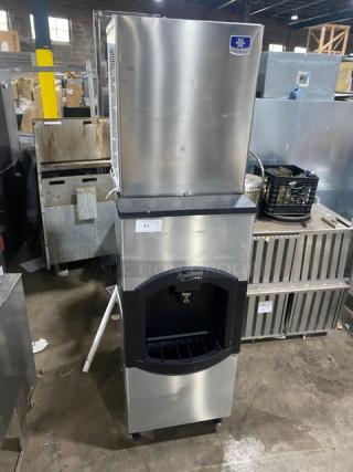 Manitowoc Commercial Stainless Steel Electric Powered Air-Cooled Modular Nugget Ice Making Machine Head/Avantco Commercial Stainless Steel Push-Dispensing Ice Storage Bin Combo! With Drip Tray! Model: RNS0308A/194HBN12022 SN: M07759212016/AV2410100014! 115V 1 Phase! On Legs! - Item #1191076