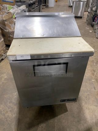 True Commercial Stainless Steel Solid Single Door Refrigerated Bain Marie Style Mega Top Salad/Sandwich Prep Table! With Removable Cutting Board! With Poly Coated Rack! Model: TSSU-27-8 SN: 1-3150305! 115V 1 Phase! On Casters!