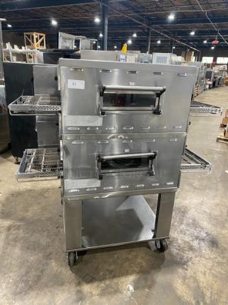 Middleby Marshall Pizza Hut Style Commercial Stainless Steel Natural Gas/Electric Powered Double Stacked Conveyor Oven! With Single Undershelf Equipment Stand/Cart! Model: PS536! On Casters! 2X Your Bid Makes One Unit! - Item #1191084