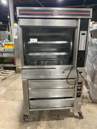 Cleveland Range Boston Market Style Commercial Stainless Steel Natural Gas Powered Open Display Rotisserie Convection Oven! Model: BMR-32 SN: WC33848-96C-01! 115V 1 Phase! With Cleveland Range Commercial Electric Powered 3-Drawer Hot Food Storage/Warmer! Model: BMW334 SN: WC75697-02A-01! 120V 1 Phase! On Casters!