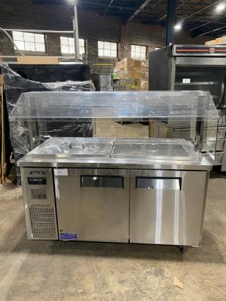 Turbo-Air Commercial Stainless Steel 2 Door Refrigerated Buffet Style Cold Food/Salad Bar Display Table! With Clear Overhead Sneeze Guard! Model: JBT-60 SN: JB6TA12016! 115V 1 Phase! On Casters!