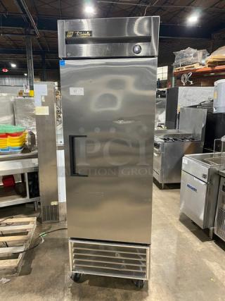 True Commercial Stainless Steel Solid Single Door Reach In Freezer! Energy Star Certified! With Poly Coated Wire Rack! Model: T-23F SN: 7444569! 115V 1 Phase! On Casters!